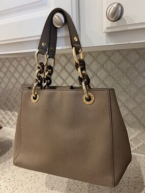 Michael Kors Taupe Cynthia Satchel with Gold Hardware and Tortoise Chain Links